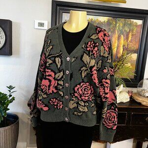Nancy Vale olive green w/Pink roses &black trim Hand Knit Sweater
